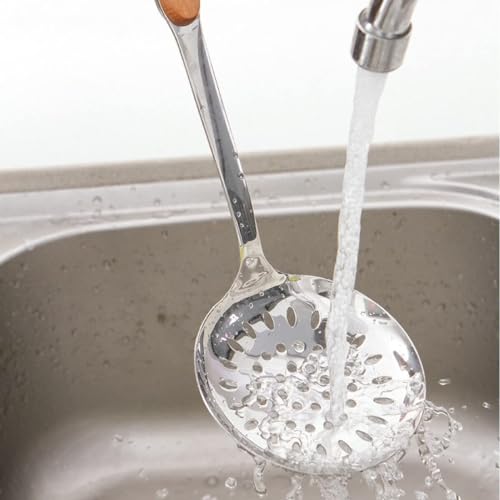 Image of Stainless Steel Slotted Turner Spatula, Professional Food Turner Flipper with Heat Resistant Wooden Handle (A-Ladle+PlainSpatula+SlottedSpatula+Skimmer)