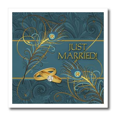 6x6 Iron on Heat Transfer for White Material - Peacock Just Married Wedding Rings in Teal and Gold Wedding Collection