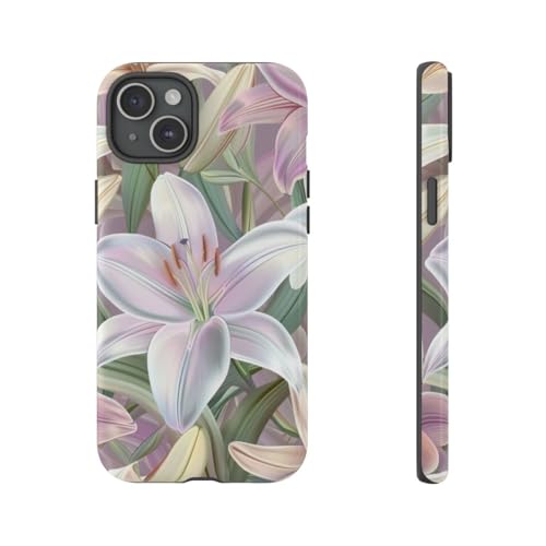 Coque iPhone 15 Plus motif floral lys rose pastel protection rigide et brillante