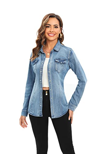 Denim Shirt for Women Long Sleeve Cotton Lightweight Fashion Denim Jacket for Women-2 Pockets