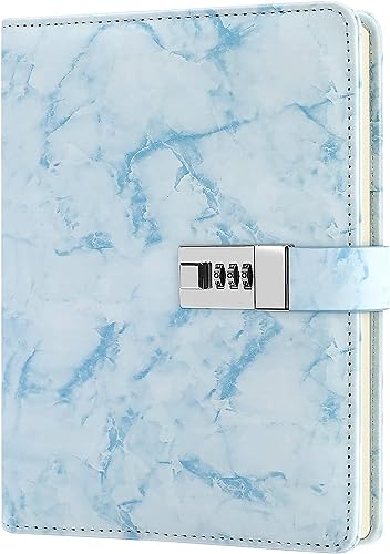 Marble Diary with Lock for Girls and Women, Mens Waterproof Journal with Lock 192 Pages Secret Girls Locked Diary with Pen, Password Locked Journals for Teen Girls, A5 Blue