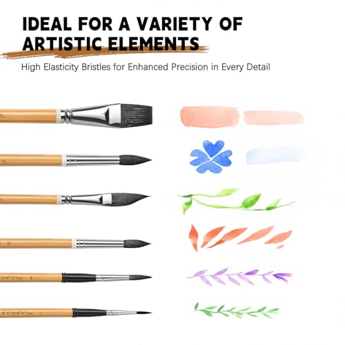 Watercolor Brush Set, Fuumuui 6Pcs Professional Mixed Squirrel Hair Bamboo Paint Brushes with Dagger Flat Round Detail for Watercolor, Acrylic, Gouache Painting by Fuumuui - Used condition - Image 5
