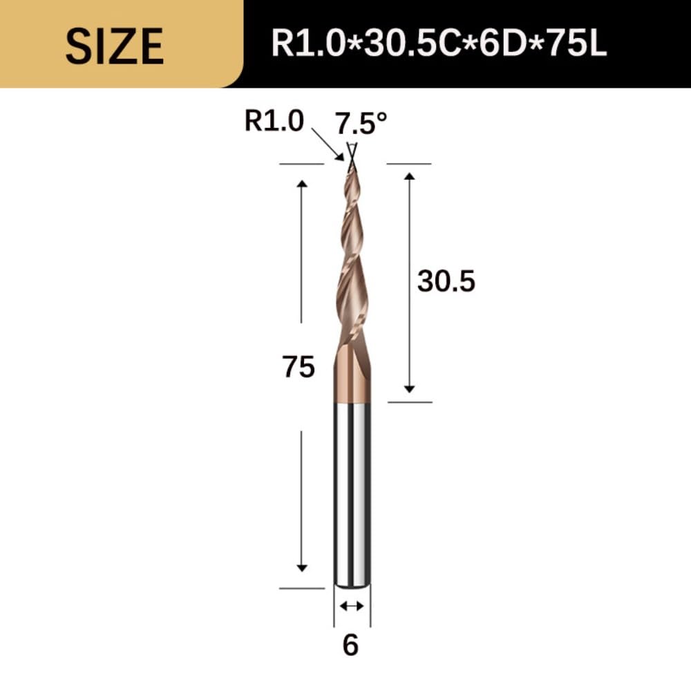 Frez stożkowy spiralny, frezy z końcówką kulistą 3,175/4/6 mm, frez z 2 rowkami z węglika wolframu do obróbki metalu i drewna, 1 szt.(R1.0x30.5Cx6Dx75L)