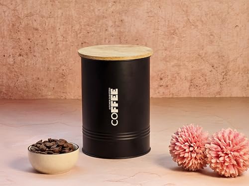 Image of JISCOVERY Airtight Tea, Coffee & Sugar Container Set of 3| Metal Storage Canister with Wooden Lid for Kitchen| Storage Box for Kitchen Counter Top| 1300 ML| Black