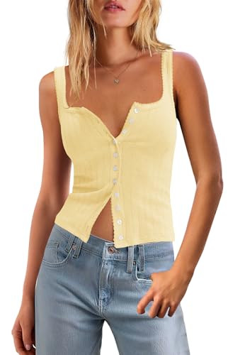 Panadila Womens Ribbed Square Neck Tank Top Summer Button Down Tanks Sleeveless Knit Tops Going Out Outfits3