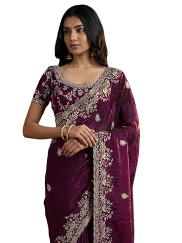 Image of SIRIL Women's Tissue Silk Scalloped Border Embroidery Saree with Unstitched Blouse Piece