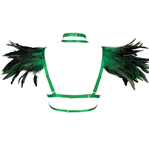 Womens Feathers Harness Bra Epaulette Shoulder Wings Women Festival Rave Gothic Punk Body Plus Size (Fruit Green) #TOP2