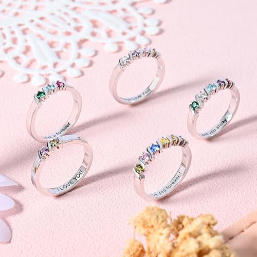 S925 Sterling Silver Personalized Mother Ring with 2-6 Birthstones & Name Engraving Custom Promise Rings for Women Birthstone Ring for Mom Grandma Wife Mother's Day Rings Gift4