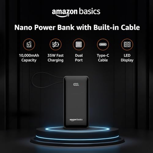 Image of Amazon Basics Power Bank, 10000mAh, 35W Nano, Built-in Type C Cable, 2 Ports - Metallic Silver