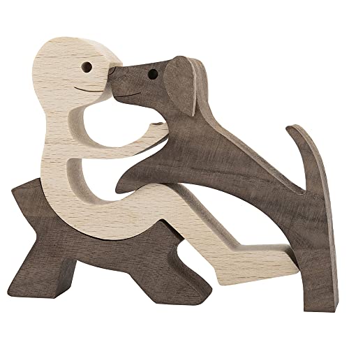 BOBO BIRD Wooden Dog Cat Family Statue, Handmade Wood Decoration, Cute Puppy, Kitty and People Statue Sculpture Ornament Collectible Figurine Craft Arts for Home, Office, Living Room (Men+Puppy（S）)