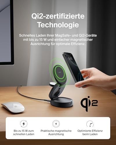 Belkin BoostCharge 3-in-1 Induktive Ladestation mit Qi2, 15W, MagSafe-kompatibles Ladegerät, Kabe... Ansicht 11