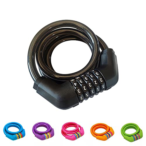 IDEALUX Bike Lock Cable - 4 Feet Resettable Cable Lock - Self Coiling 5 Digit Combination Bike Lock (Black)