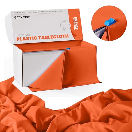Image of Exquisite Party Solids 54 Inch X 300 Feet Orange Plastic Table Cover Roll in A Cut - to - Size Box with Convenient Slide Cutter. Cuts Up to 36 Rectangle 8 Feet Plastic Disposable Tablecloths