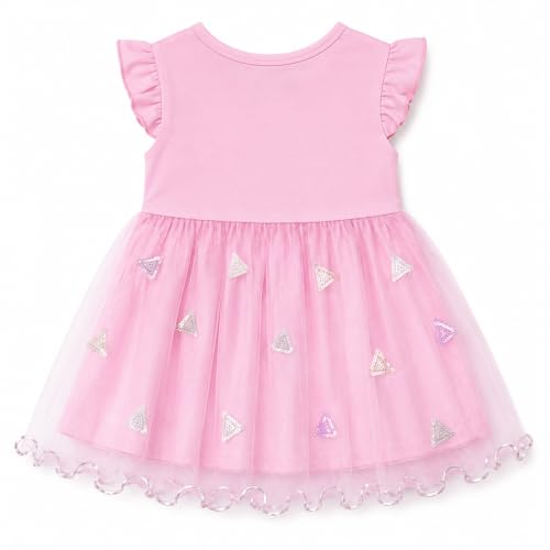Image of Bold N Elegant Baby Girls Princess Dress with Soft Mesh Net Overlay | Short Sleeve Toddler Party Dress | Cute Crown Print Casual Frock for Infant & Kids | Summer Birthday Outfit for Girls