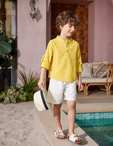 Image of Arshiner Boys Cotton Linen Henley Shirt Button Down Shirt Long Sleeve T Shirt Beach Shirt Tee Casual Solid Tops