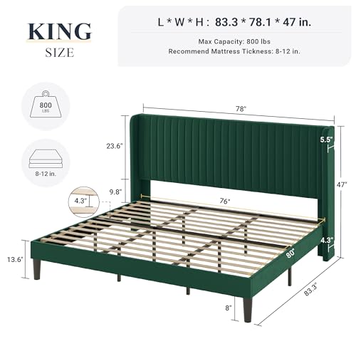 Allewie King Size Bed Frame/Velvet Upholstered Platform Bed/Vertical Channel Tufted Wingback Headboard/Strong Wooden Slats/No Box Spring Needed/Easy Assembly/Green
