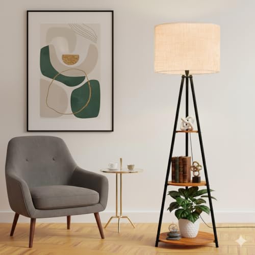 Image of Rellon Floor Lamp with 3 Storage Shelves, Metal FloorLamp for Living Room Standing Home Decoration FloorLamp Shade Reading for,Office,Kitchen,Bedroom (A2)
