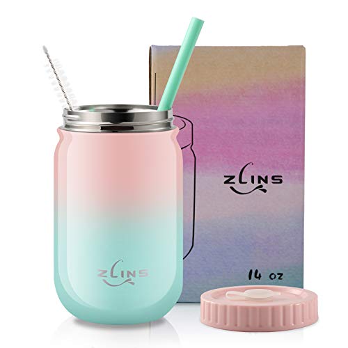 Zlins Cup With Straw And Lid,Iced Coffee Travel Mug,Stainless Steel Drinking Tumbler,Insulated Reusable Metal Cup,Hot Cold For Smoothie, Milkshake,Cocktails,14Oz(Pink/Blue) #TOP7