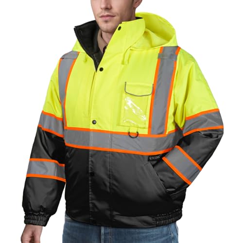 TICONN Hi Vis Rain Jacket, Waterproof Reflective Safety Jacket, ANSI Class 3 Work Rain Coat for Men Women (Yellow&Black, L)