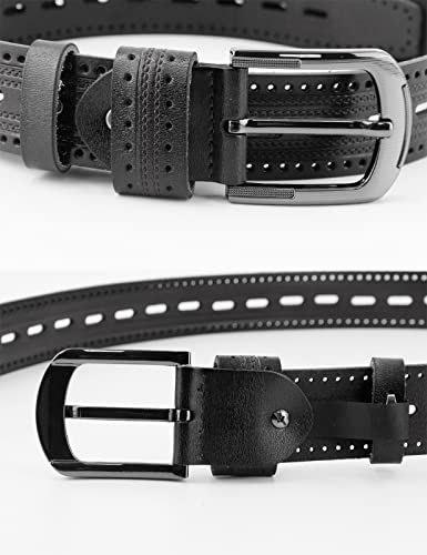 URAMAN Genuine Leather Dress Belt for Men Business Casual Hollow Out Western Country Cowboy Belts for Jeans Pants Black2