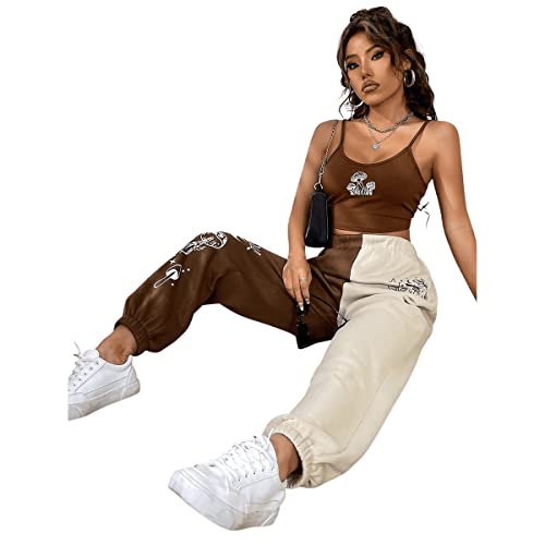 Sweatyrocks Women's Two Piece Outfits For Women Crop Top High Waist Color Block Sweatpants Two Piece Clubwear Sets Brown L #TOP4