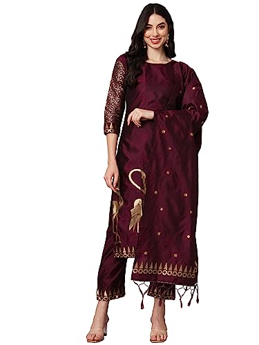 Image of VredeVogel Women's Cotton Silk Jacquard Kurta Pant Set with Banarasi Silk Dupatta