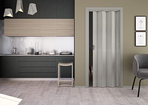 Forte Porta a soffietto Luciana in PVC, Resistente agli urti, Riducibile, Kit completo di serratura, 88,5L x 214H cm, Effetto tessuto grigio con vetro satinato