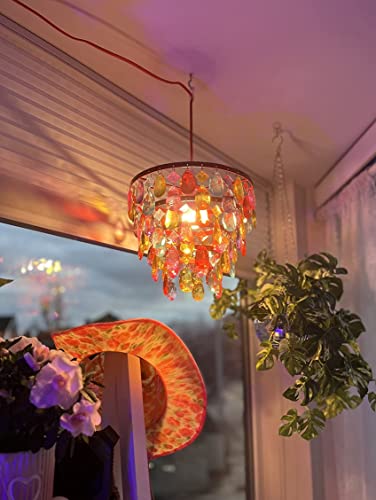 Image of gypsy color The Original Brink House Plug-in 1 Light Multicolor Dome Chandelier H10 inchxW11.5 inch, Red Metal Frame with 5 Tiers of Multicolor Acrylic Crystals