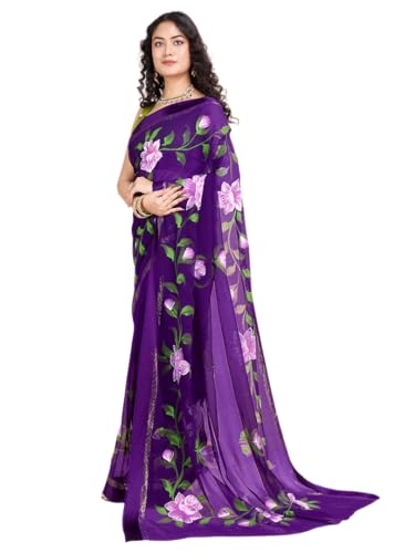 Image of Women Hand Painted Saree |Women's Georgette Printed Saree With Unstitched Blouse Piece