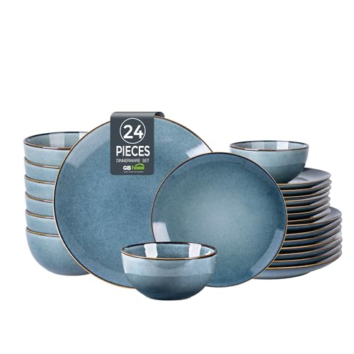 Image of GBHOME Ceramic Dinnerware Sets for 8, 24 Pieces Stoneware Plates and Bowls Sets, Reactive Glaze Dishes -Scratch Resistant, Dishwasher&Microwave Safe-Space Blue