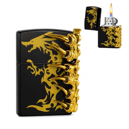 Image of Refillable Metal Lighter with Adjustable Flame, Wind Resistant Pocket Lighter, Decorative Claw Design, Reusable Flip Top Lighter for Men, Gift & Everyday Carry (Black)