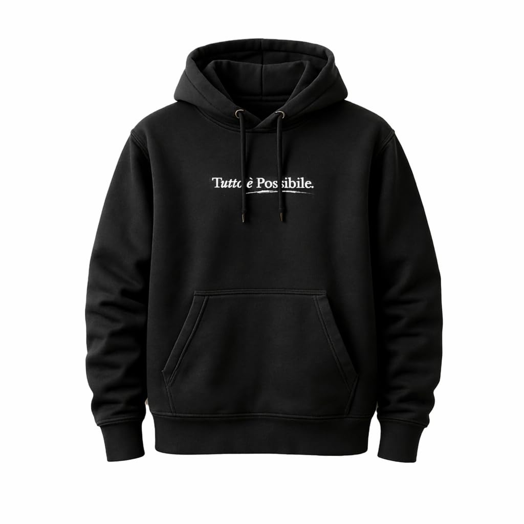GEOLIER Official “Tutto È Possibile” – Felpa Nera con Cappuccio – Logo Album sul Fronte e Foto Ufficiale sul Retro – Merchandising Ufficiale