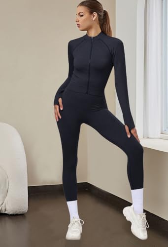 OLCHEE Womens Workout Sets 2 Piece Seamless Yoga Outfits Long Sleeve Zipper Jacket High Waist Leggings Butt Lifting Gym Set4