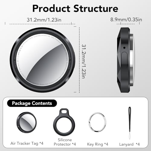 Air Tracker Tag Schlüsselfinder 4er Pack, Koffer Tracker Kompatibel mit Apple Wo ist? APP (Nur iOS), Bluetooth Key Finder für Gepäck/Taschen/Brieftasche, Smart KeyFinder, Austauschbarer Akku, Schwarz