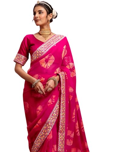 Image of SIRIL Women's Georgette Bandhani Printed Embroidery Lace Saree With Unstitched Blouse Piece