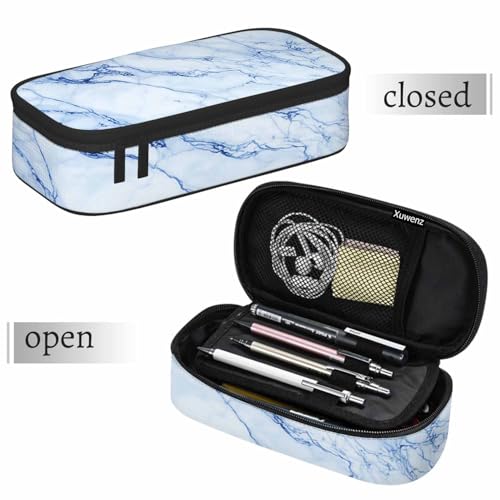 Image of Blue Marble Pencil Holder Bag Abstract Stone Floor Granite Stripe Texture Pencil Case College Office School for Teens Boy Girl