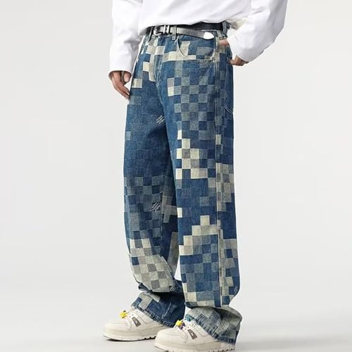 Plus Size Baggy Jeans Men Relaxed Fit Wide Leg Straight Pants,Mosaic Plaid Print Y2K Hip Hop Street Trousers3