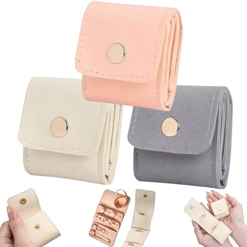 Mini Travel Jewelry Bag, Mini Jewelry Travel Pouch, Small Portable Foldable Multi-compartment Velvet Jewelry Travel Organizer with Buckle for Rings, Necklaces, Earrings, Trinkets(3PCS)