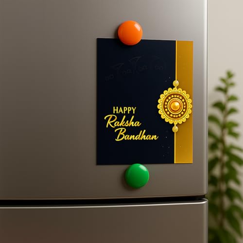 Image of Oblivion Fridge Magnet with Rakhi Set for Brother - Golden Color Elegant BHAI Design with Beads Rakhi with Fridge Magnet 2 Pc, Silver Color Coin & Greeting Card, Raksha Bandhan Combo for Bhai