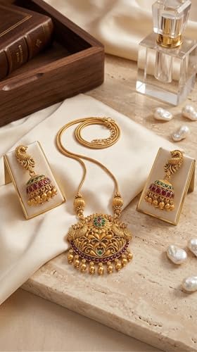 Image of Traditional Gold-Plated Lakshmi Temple Pendant Necklace Set for Women | Antique South Indian Jewelry with Jhumka Earrings | Ethnic Bridal, Wedding & Festive Jewelry Set