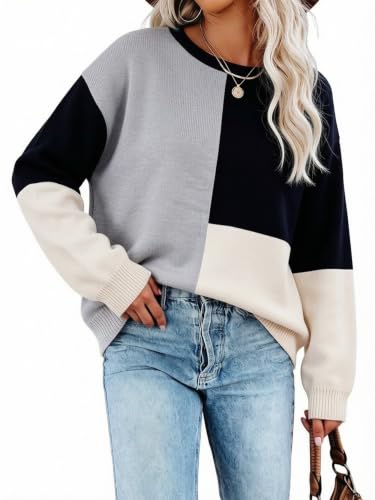 Image of ECOWISH Women Sweater Long Sleeve Color Block Knit Pullover Sweaters Crew Neck Patchwork Casual Loose Jumper Tops