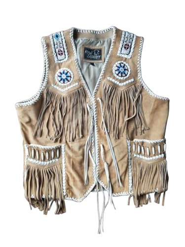 Image of Men's Western Cowhide Suede & Leather Vest - Beaded Fringe Yoke & Back Native-Inspired Cowboy Biker Vest