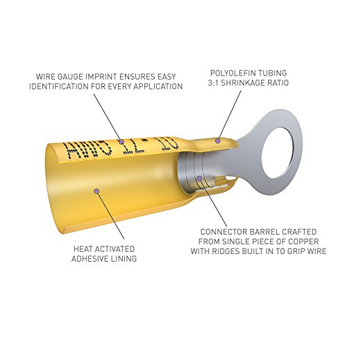 E-Volt Heat Shrink Crimp Connectors – 80 Pc 3/8” Yellow Adhesive Tube Electrical Ring Connector For 12-10 Awg | Industrial Grade Bulk Wire Terminal For Automotive, Marine And Audio #TOP2