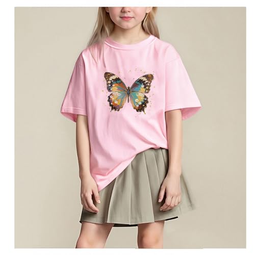 Butterfly Short Sleeve Shirt Kids Summer Tshirts Girls Short Sleeve Casual Graphic Clothes Crew Neck Shirts 2-12Y2