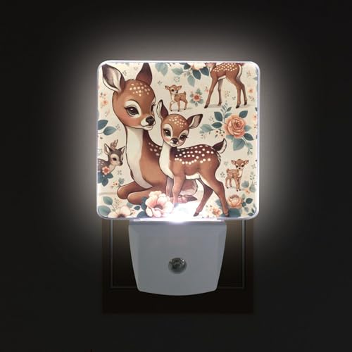 Image of Cute Vintage Fawn Deer Night Lights 2 Pack Plug-in Wall Led Nightlight Auto Dusk-to-Dawn Sensor Lamps for Bedroom Kitchen Bathroom