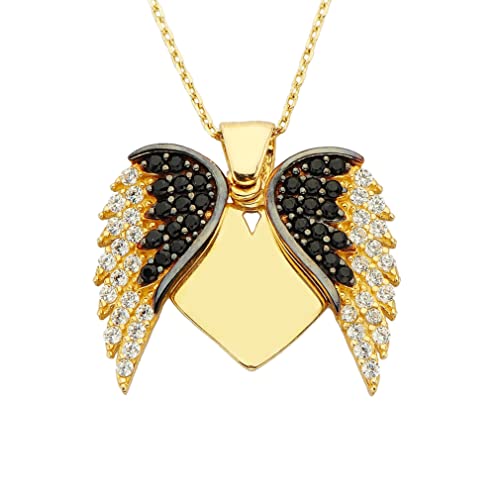 14K Real Solid Gold Elegant Double Angel Wings and Heart Per