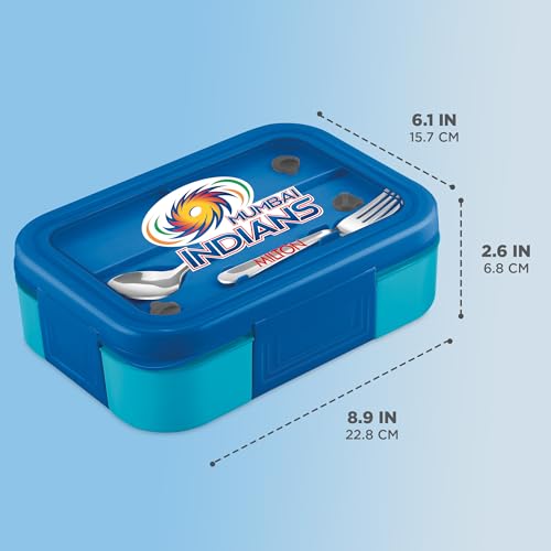 Image of Milton Sports Ethan 3|Mumbai Indians Official Drinkware Licensee|Inner SS Tiffin Box,3 Partition,Steam Release Plug|PU Insulated,Leak-Proof|Lunch Box for Kids,Boys,Girls,Snap Lock Lid|600 ml,Dark Blue