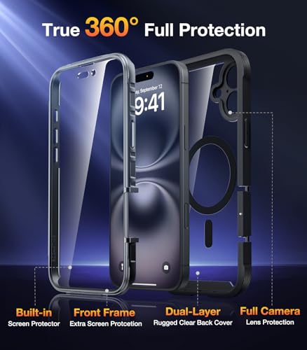 Image of Diaclara Magnetic Designed for iPhone 16 Plus Cases,[Full Camera Protection] Clear Bumper Compatible with MagSafe Built-in Screen Protector,Magnetic Black