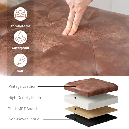 Image of Joveco Leather Storage Ottoman, 24 inch Rectangle Tufted Square Upholstered Bench, Foot Rest Stool with Wood Legs, Footstool for Living Room Bedroom, Coffee