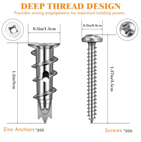 Image of Yaocom 400 Pieces Zinc Self Drilling Drywall Anchors with Screws Kit, (200 Anchors+200 Screws) Bulk Heavy Duty Metal Wall Anchors and #8 x 1-1 /4'' Screw